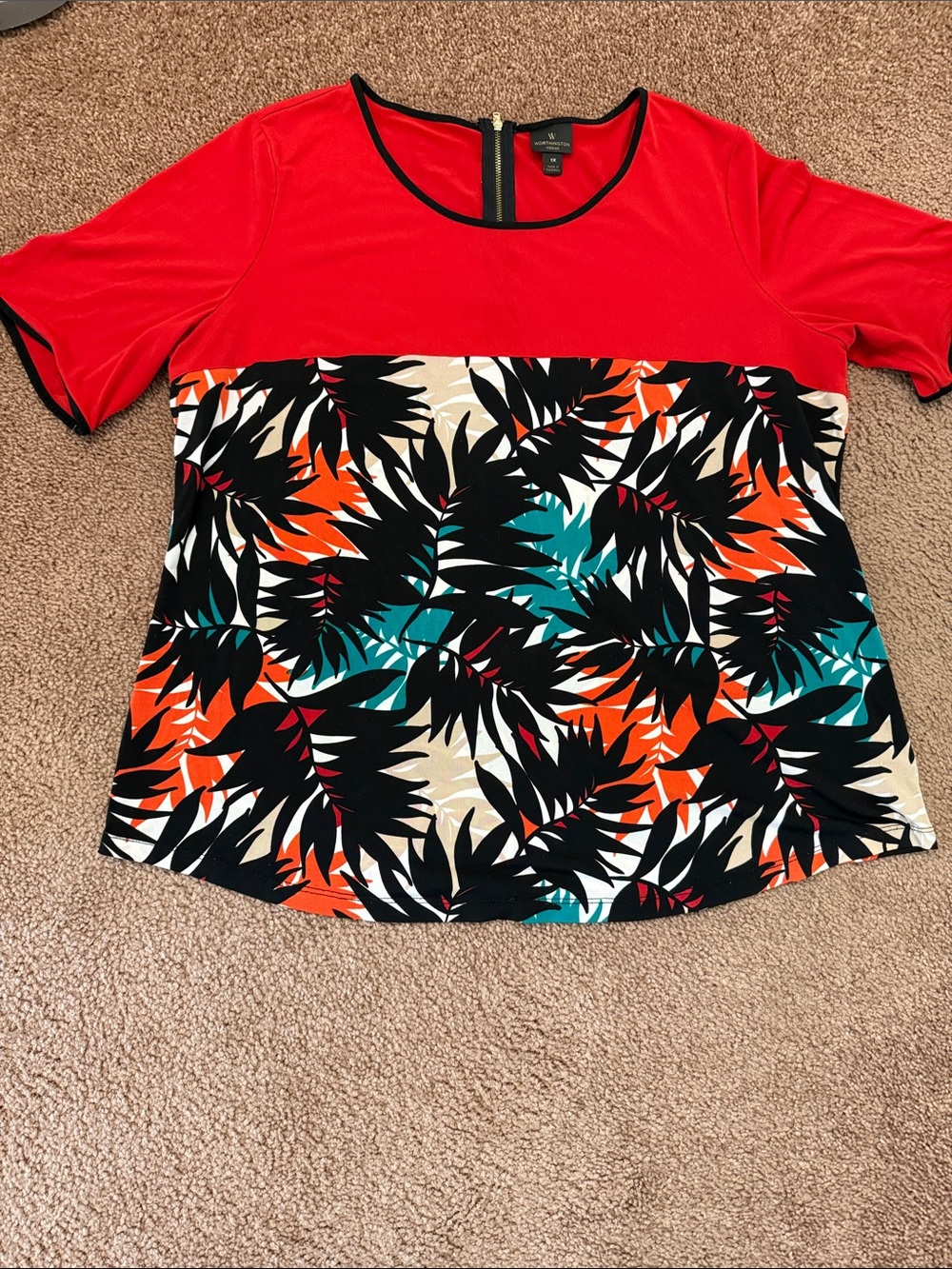 Worthington Red Short Sleeve Top with Tropical Leaf Print Panel